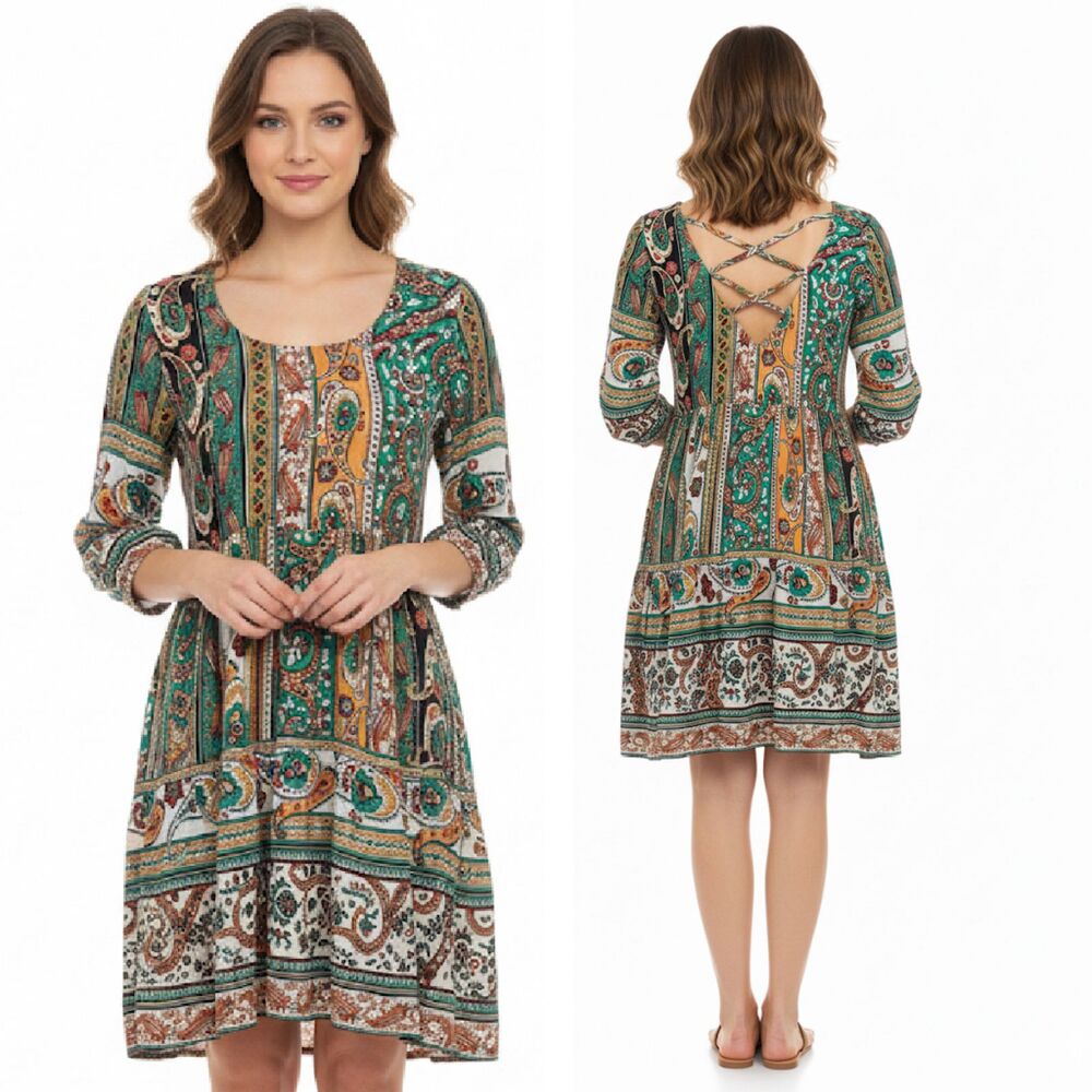 Altar’d State Multicolor Paisley 3/4 Sleeve Boho Dress Size XS